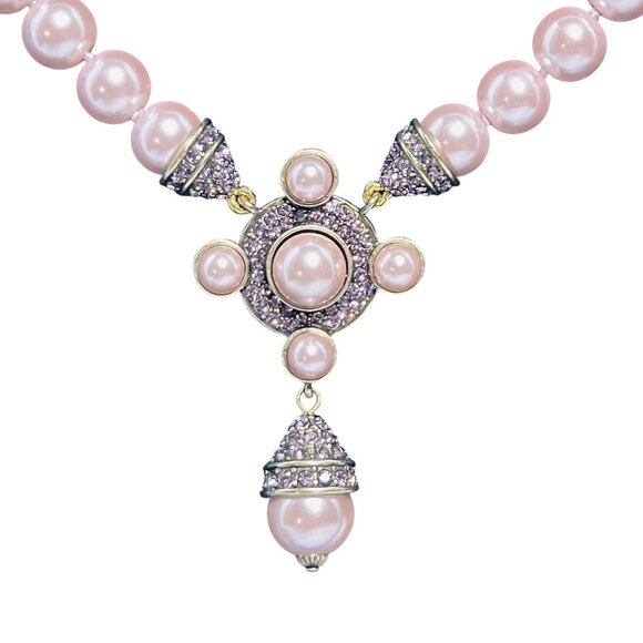 Heidi Daus Brass Tone Faux Pink Pearl And Crystal Choker Necklace (6010) - Picture 3 of 9